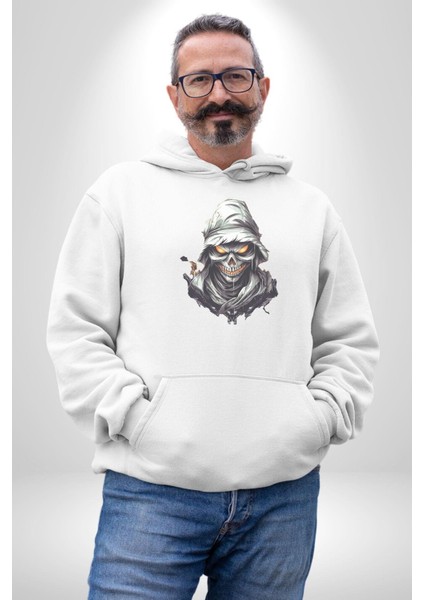 Kasaba Kurukafa Ninja Kadın Erkek Beyaz Kapüşonlu Sweatshirt Hoodie