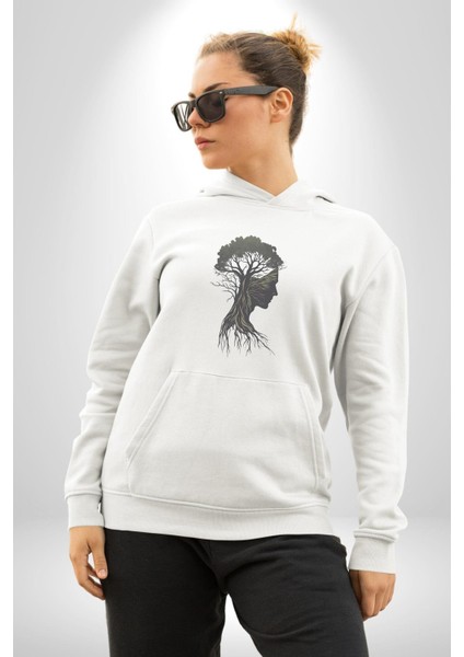 Toprak Köksalmış Ağaç Kadın Kadın Erkek Beyaz Kapüşonlu Sweatshirt Hoodie