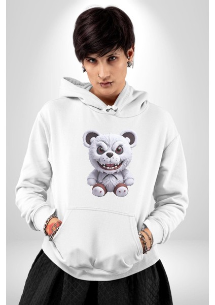 Freddy Korkunç Ayı Kadın Erkek Beyaz Kapüşonlu Sweatshirt Hoodie