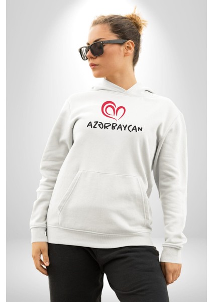 Azerbaycan Seviyorum I Love Azarbaycan Kadın Erkek  Beyaz Kapüşonlu Sweatshirt Hoodie