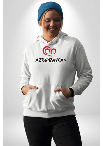 Azerbaycan Seviyorum I Love Azarbaycan Kadın Erkek  Beyaz Kapüşonlu Sweatshirt Hoodie