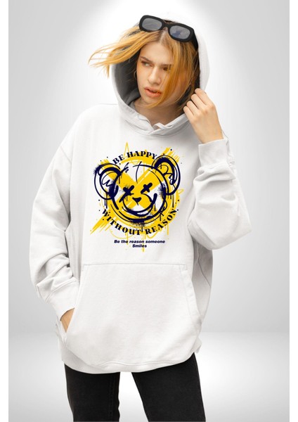 Sebep Olmadan Mutlu Ol Kadın Erkek Beyaz Kapüşonlu Sweatshirt Hoodie