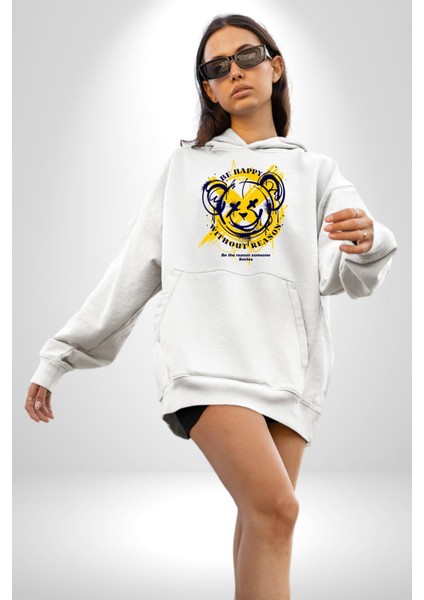 Sebep Olmadan Mutlu Ol Kadın Erkek Beyaz Kapüşonlu Sweatshirt Hoodie fiyatları