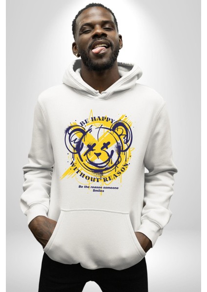 Sebep Olmadan Mutlu Ol Kadın Erkek Beyaz Kapüşonlu Sweatshirt Hoodie fırsatları