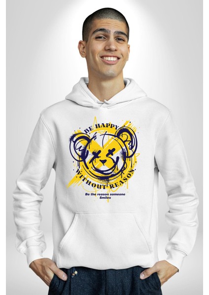 Sebep Olmadan Mutlu Ol Kadın Erkek Beyaz Kapüşonlu Sweatshirt Hoodie indirimleri