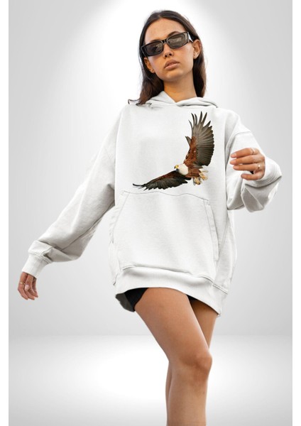 Kartal Özgürlük Kadın Erkek Beyaz Kapüşonlu Sweatshirt Hoodie