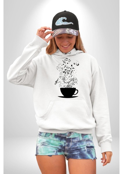 Kahve Müzik Nota Kadın Erkek Beyaz Kapüşonlu Sweatshirt Hoodie