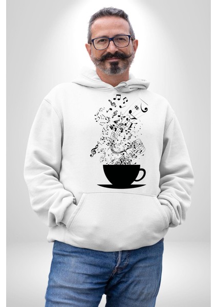 Kahve Müzik Nota Kadın Erkek Beyaz Kapüşonlu Sweatshirt Hoodie fiyatları