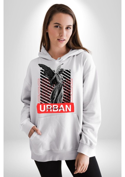 Şehir Sokak Stili Melek Heykeli Kadın Erkek Beyaz Kapüşonlu Sweatshirt Hoodie