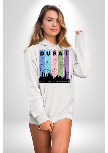 Dubai Şehir Silüeti Renkli Şehir Kadın Erkek Beyaz Kapüşonlu Sweatshirt Hoodie