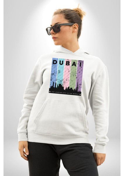 Dubai Şehir Silüeti Renkli Şehir Kadın Erkek Beyaz Kapüşonlu Sweatshirt Hoodie fiyatları