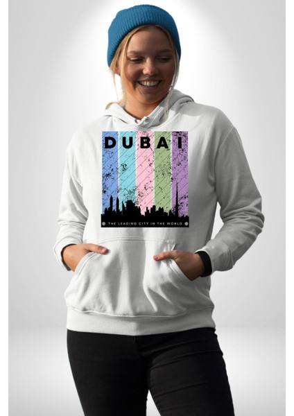 Dubai Şehir Silüeti Renkli Şehir Kadın Erkek Beyaz Kapüşonlu Sweatshirt Hoodie modelleri