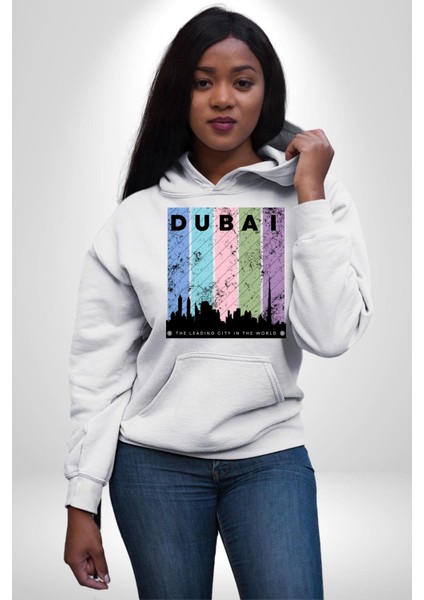 Dubai Şehir Silüeti Renkli Şehir Kadın Erkek Beyaz Kapüşonlu Sweatshirt Hoodie fırsatları