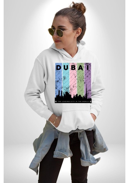 Dubai Şehir Silüeti Renkli Şehir Kadın Erkek Beyaz Kapüşonlu Sweatshirt Hoodie indirimleri