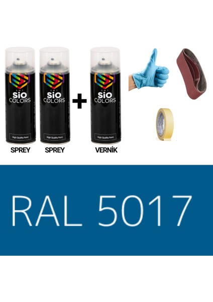 2 Adet Sprey+1 Adet Vernik Taşıma Mavi RAL-5017 Sprey Boya Seti 400 Ml+Zımpara+Kağıtbant+Eldiven