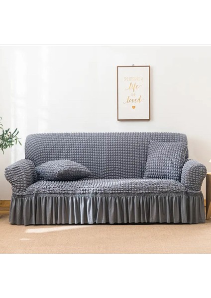 Koyu Gri 3 Kişilik Etekli Koltuk Örtüsü, Pamuk Polyester, 180x230 Çekyat Kanepe Kılıfı