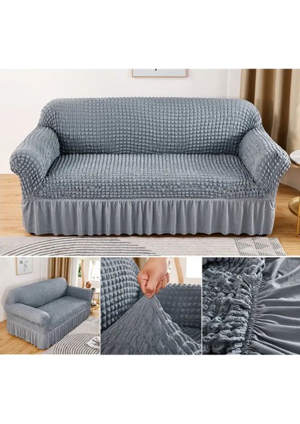 Koyu Gri 3 Kişilik Etekli Koltuk Örtüsü, Pamuk Polyester, 180x230 Çekyat Kanepe Kılıfı