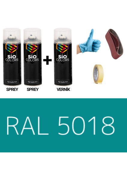 2 Adet Sprey+1 Adet Vernik Turkuaz Mavi RAL-5018 Sprey Boya Seti 400 Ml+Zımpara+Kağıtbant+Eldiven