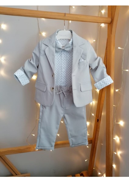 Papyonlu Ceketli Gri 4'lü Erkek Bebek Takım Mevlüt Özel Gün Kıyafeti Düğün Bebek Hediyesi