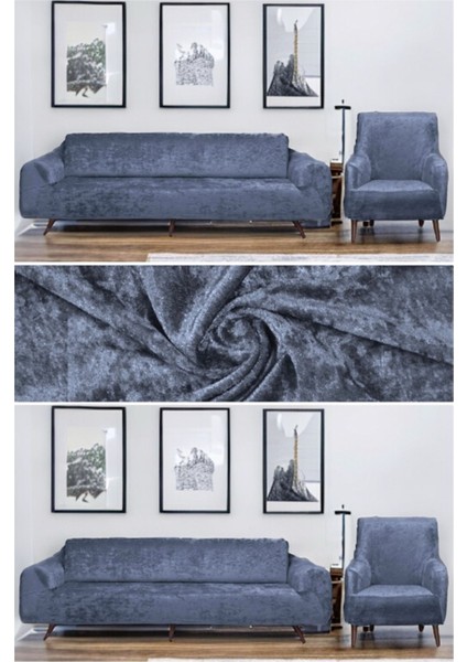 Kadife 3'lü Lastikli Kanepe ve Koltuk Kılıfı Takımı, Antrasit, Gri, 180x230 cm