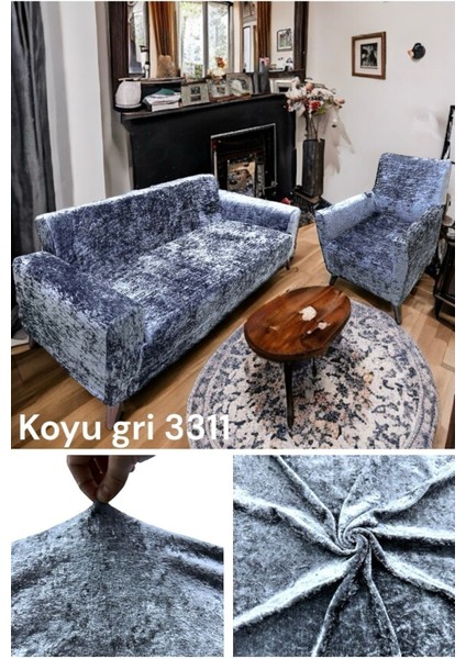 Kadife 3'lü Lastikli Kanepe ve Koltuk Kılıfı Takımı, Antrasit, Gri, 180x230 cm
