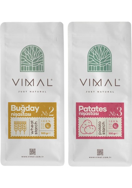 Vımal Doğal Buğday Nişastası 500 gr ve Doğal Patates Nişastası 500 gr 2li Set Kilitli Ambalaj