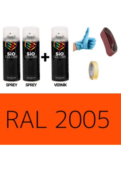 2ADET Sprey+1 Adet Vernik Floresan Turuncu RAL-2005 Sprey Boya Seti 400 Ml+Zımpara+Kağıtbant+Eldiven