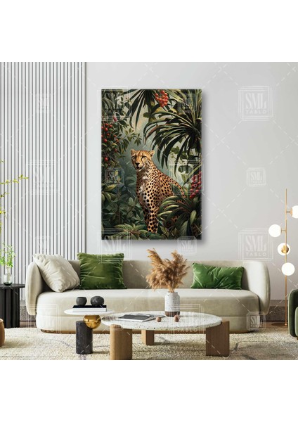 Yeşil Orman Içindeki Kaplan Kızılcık Meyveleri Hayvan Dikey Kanvas Tablo