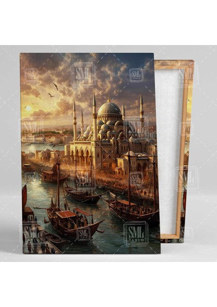 Osmanlı Zamanı Istanbul Cami Deniz Istanbul Boğazı Akşamüstü Seyir Dikey Kanvas Tablo