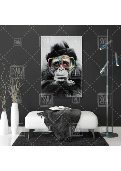 Gözlüklü Şirin Maymun Komik Hayvan Goril Monkey Dikey Kanvas Tablo