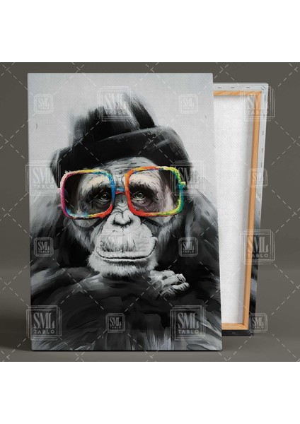 Gözlüklü Şirin Maymun Komik Hayvan Goril Monkey Dikey Kanvas Tablo