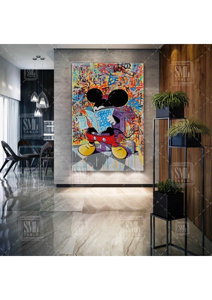 Tuvalette Gazete Okuyan Mickey Mouse Grafitti Sokak Sanato Pop Art Dikey Kanvas Tablo