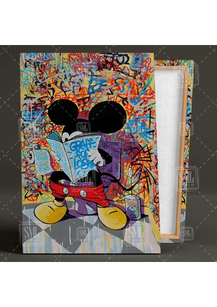 Tuvalette Gazete Okuyan Mickey Mouse Grafitti Sokak Sanato Pop Art Dikey Kanvas Tablo