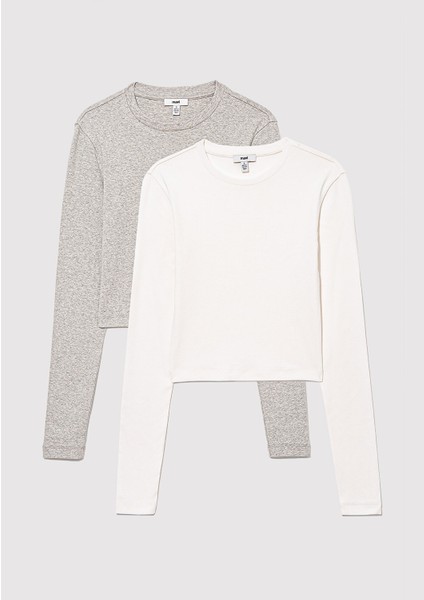 2li Uzun Kollu Crop Basic Tişört 1613021-88467
