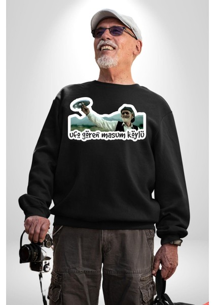 Ufo Gören Masum Köylü Yazılı Kadın Erkek Siyah Sweatshirt