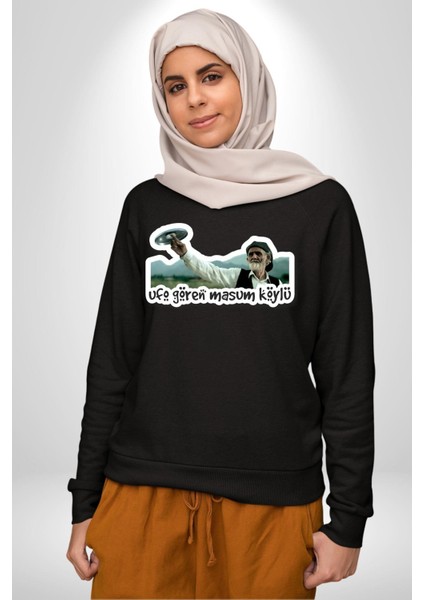 Ufo Gören Masum Köylü Yazılı Kadın Erkek Siyah Sweatshirt