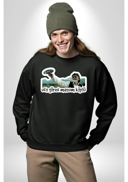 Ufo Gören Masum Köylü Yazılı Kadın Erkek Siyah Sweatshirt