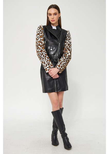 Suni Deri Biker Ceket Leopar