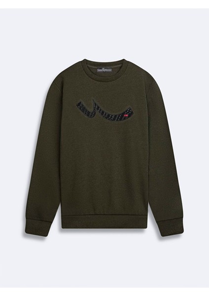 Signli Sıfır Yaka Uzun Kollu Yeşil Sweatshirt