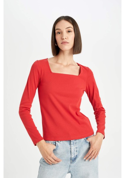 Regular Fit Kare Yaka Basic Düz Fitilli Kaşkorse Uzun Kollu Kırmızı Tişört D7506AX24AU fırsatları