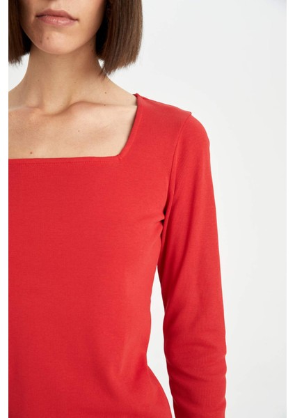 Regular Fit Kare Yaka Basic Düz Fitilli Kaşkorse Uzun Kollu Kırmızı Tişört D7506AX24AU indirimleri