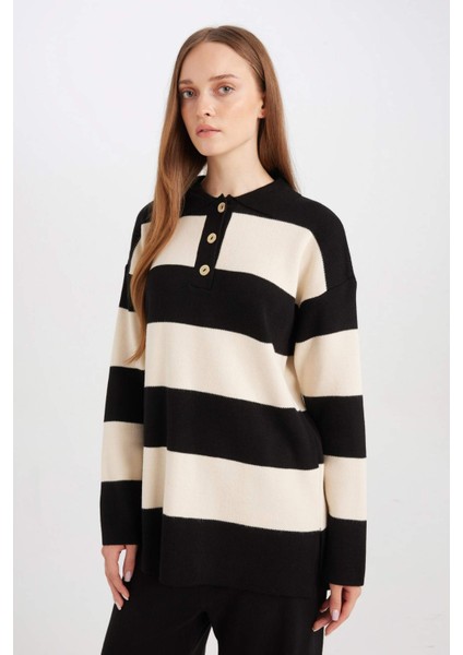 Regular Fit Polo Yaka Düğmeli Çizgili Kazak Tunik D2442AX24WN
