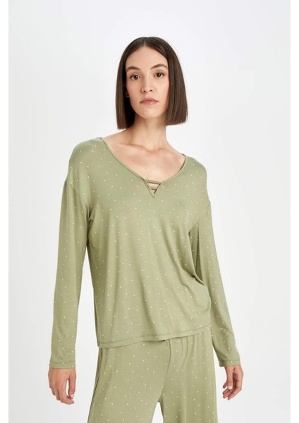 Pijama Takım Viskon Puantiyeli Uzun Kollu Üst Beli Lastikli Alt-Fall in Love D5659AX24AU fırsatları
