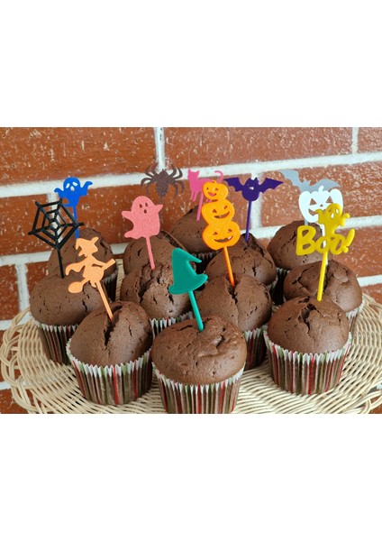 12 Adet Cadılar Bayramı- Halloween Cup Cake Kürdanı- Çubukları - Pasta Süsü (Sert Plastik)