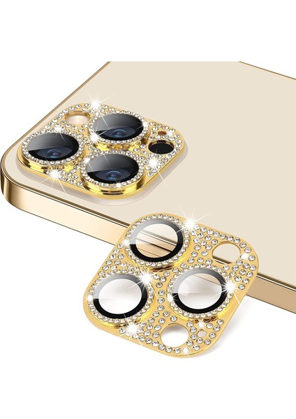 iPhone 13/13 Mini Uyumlu 9h Metal Elmas Desenli Taşlı Tek Parça Kamera Lens Koruyucu (Gold)