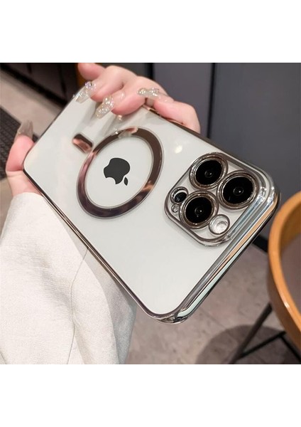 14 Pro Max Magsafe Uyumlu Üst Kalite Kablosuz Şarja Uygun Silikon Kılıf (Gümüş Rengi)