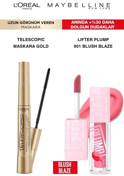 Loreal Telescopic Maskara Uzun Kirpikler-Maybelline Lifter Plump Pürüssüz Dolgun Dudaklar 001