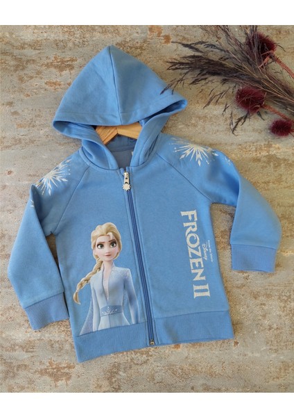 Elsa Baskılı, Şardonlu, Kapüşonlu, Fermuarlı Kız Çocuk Hırka