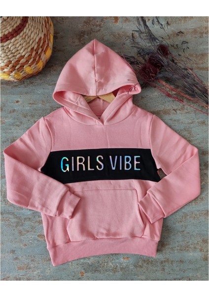 Pembe, Kapüşonlu, Kabartma Yazılı, Şardonlu,kız Çocuk Sweatshirt