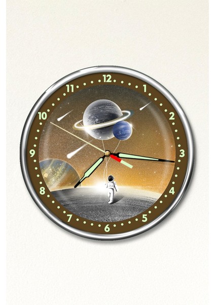 Gece Parlayan Astronot Çocuk Odası Duvar Saati, Beyaz, 30x30, Klasik Stil